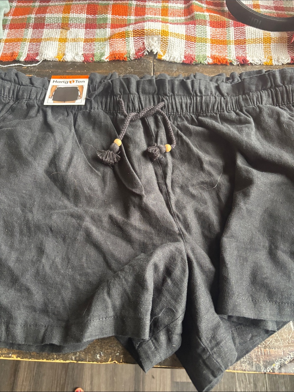 Hang Ten Black Linen Drawstring Shorts with Tassel Beads